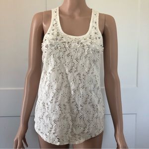 Express Cream Beaded Jewel Embellishment Racerback Lace Long Tank Top XS